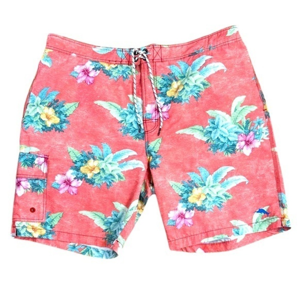 Tommy Bahama Relax Tropical‎ Floral Hibiscus Swim Trunks Coral Red Mens XXL
